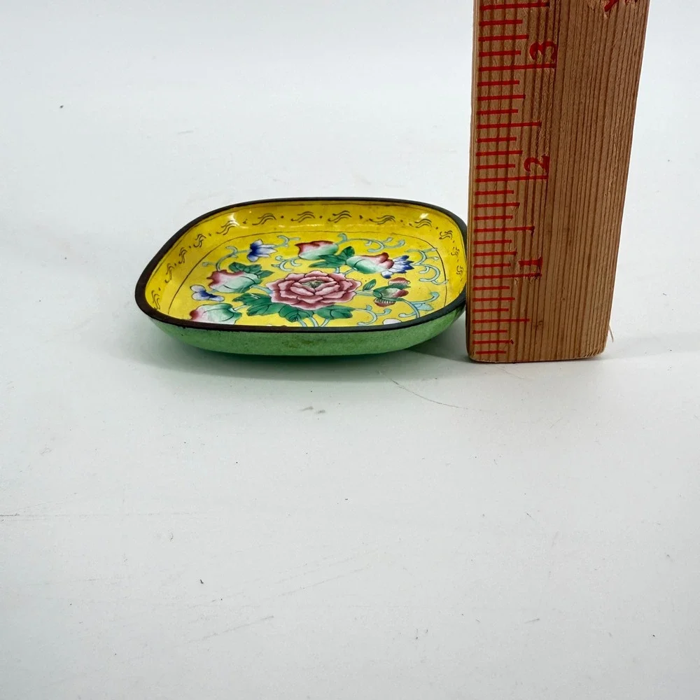 Cloisonne Enamel Trinket Dish Unisex 4in Yellow Pink Peony Floral Tray